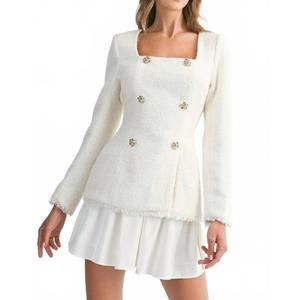 Elegant White Tweed Skirt Set with Gold Buttons